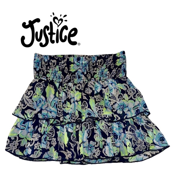 Justice Other - JUSTICE Floral Tiered Skirt Built-in Shorts Blue Green Sheer Fairycore Girl 12